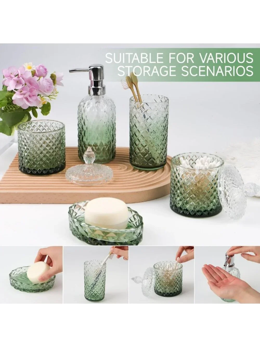 Vintage Green Glass Bathroom Accessories Set - 5-Piece Decorative Home Decor